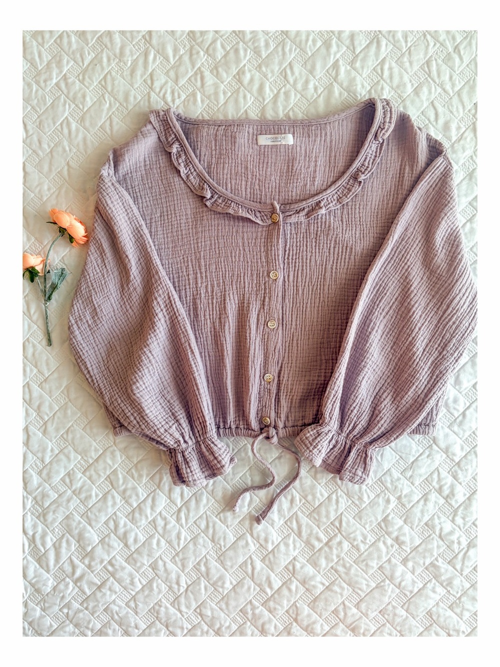 Chocolate Double Gauze Cotton Ruffle Tie Hem Crop Blouse Size M Purple